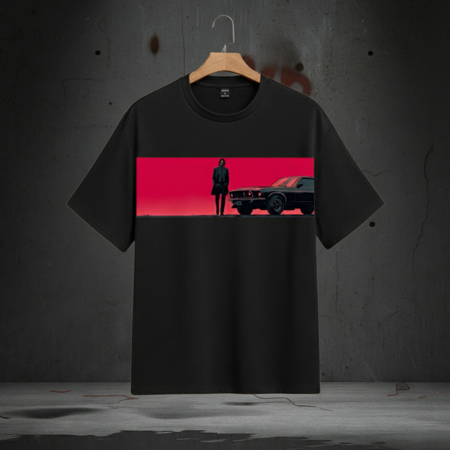 Black t-shirt with a graphic design of a man and car on a red background, hanging against a dark wall.